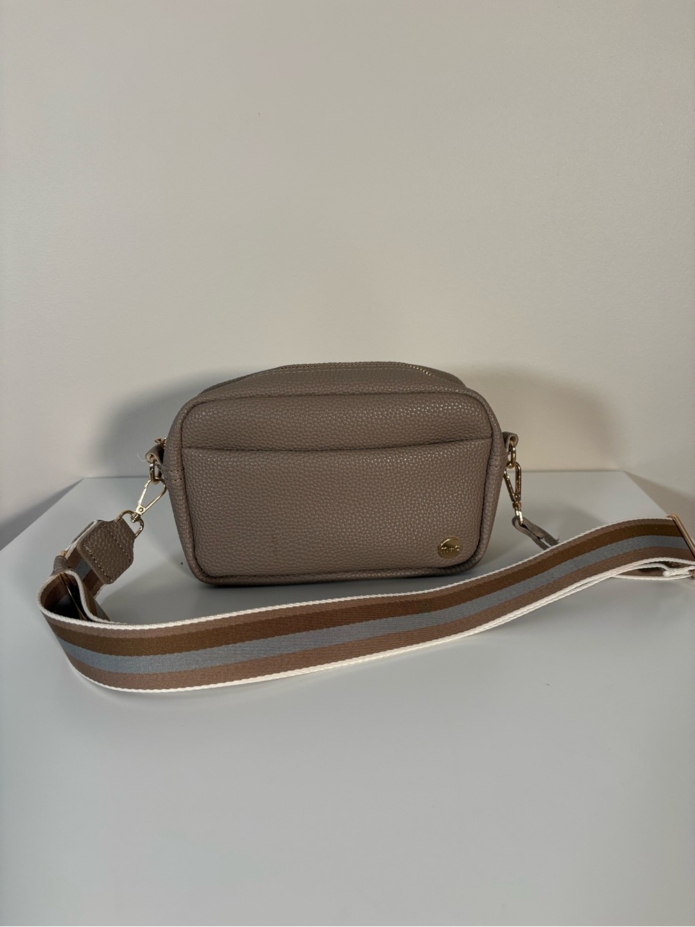 Crossbody Camera Bag in Taupe with Striped Strap